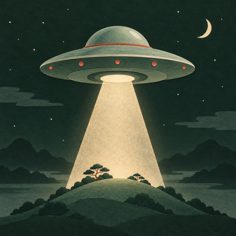 A green flying saucer hovers above a hill at night