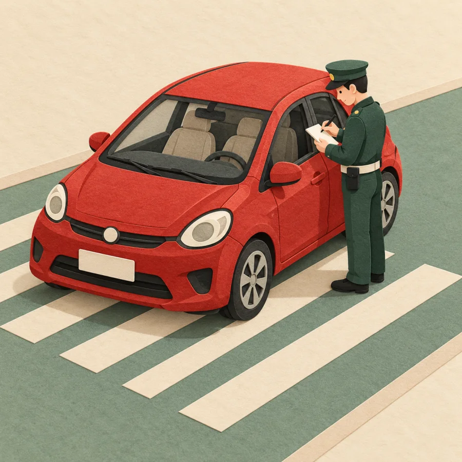 A car parked on a crossing while an officer writes a ticket