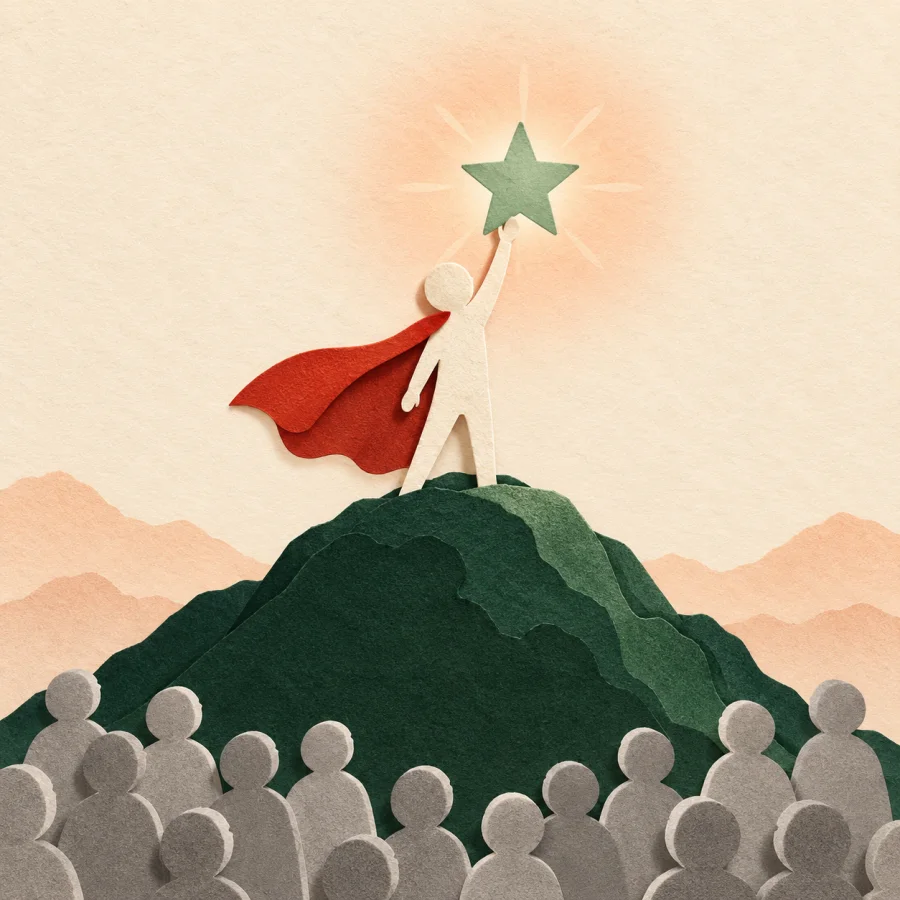 A figure in a red cape stands on a hill above a crowd