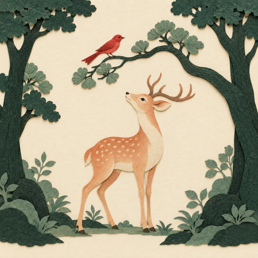 A red bird on a branch and a deer under green trees