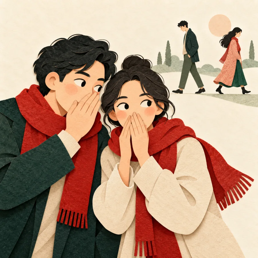 Two people whisper behind their hands, watching a couple