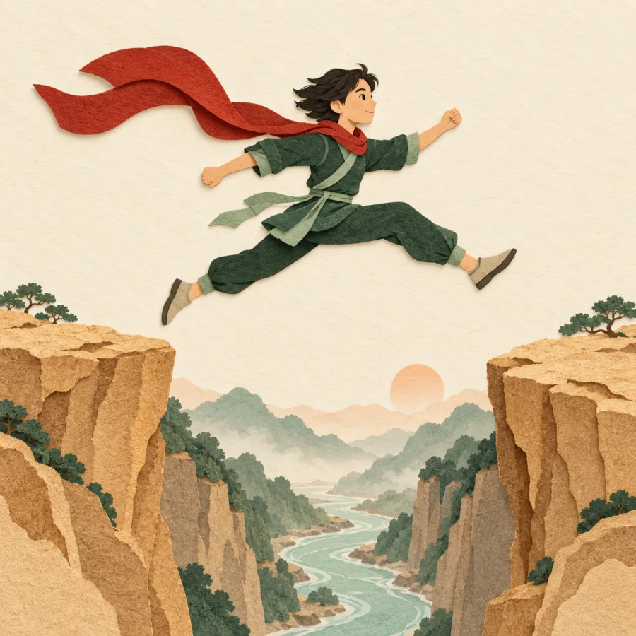 A person in a red scarf leaps across a gap over a stream