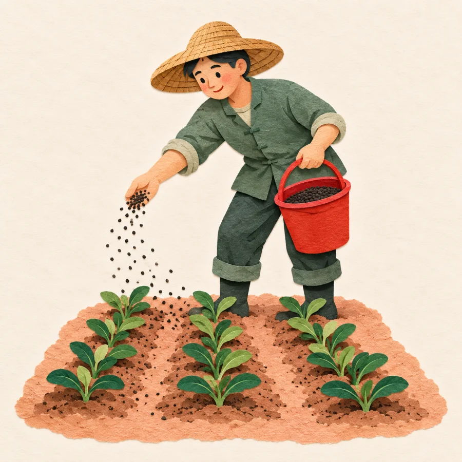 A farmer sprinkles seedlings from a red bucket