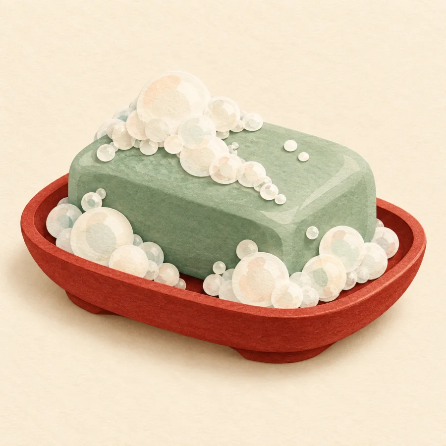 A green bar of soap with bubbles on a dish