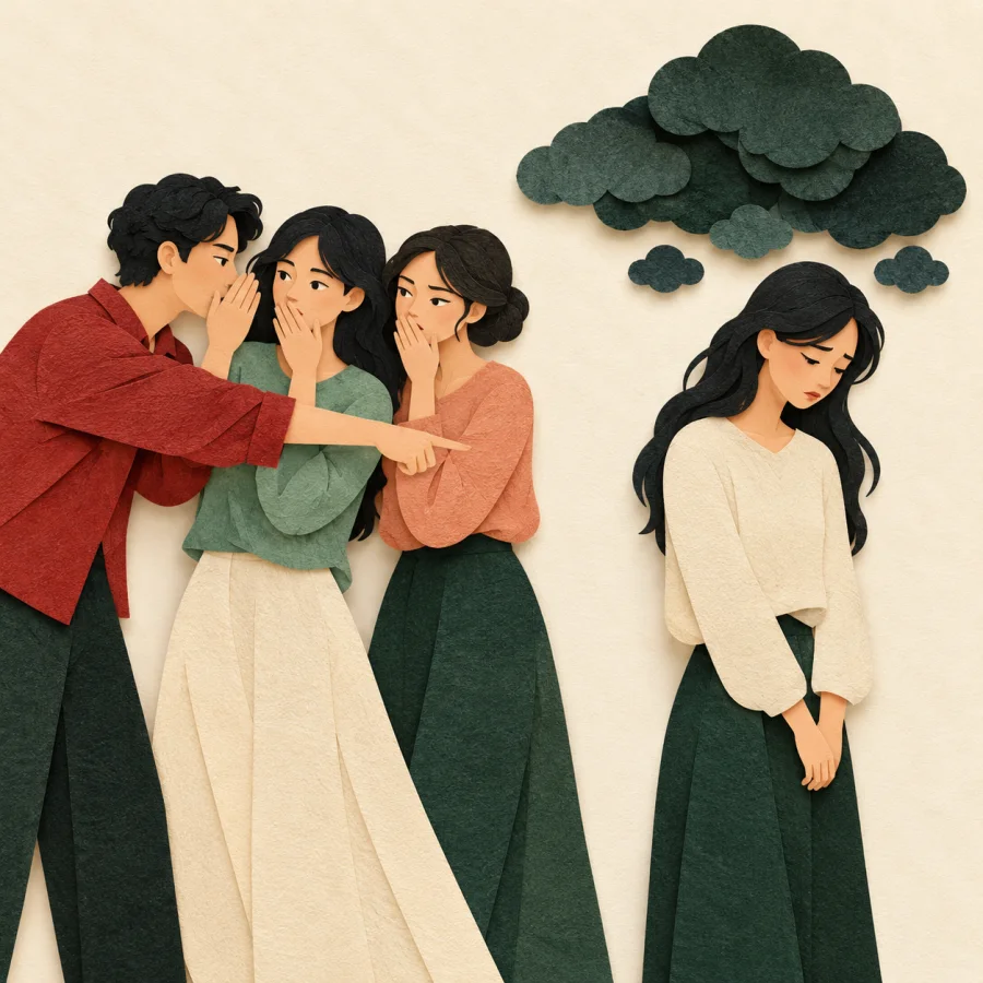 A person whispers to a group, pointing at a sad person
