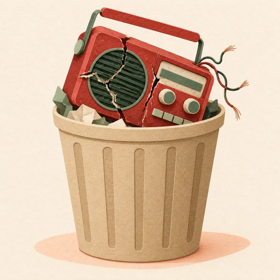 A broken radio with loose wires lies in a bin