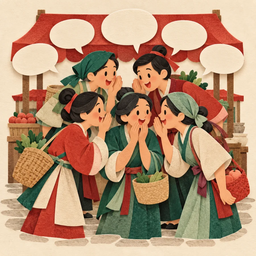 People in a square lean together whispering excitedly