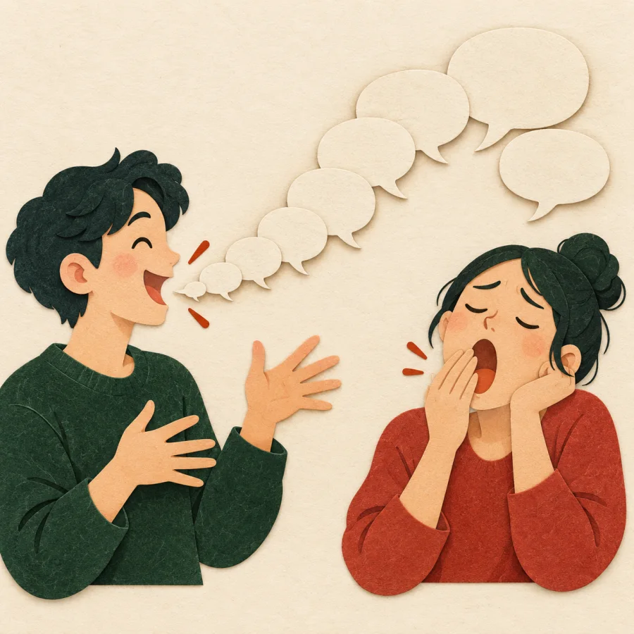 A person talks while the listener yawns beside empty bubbles