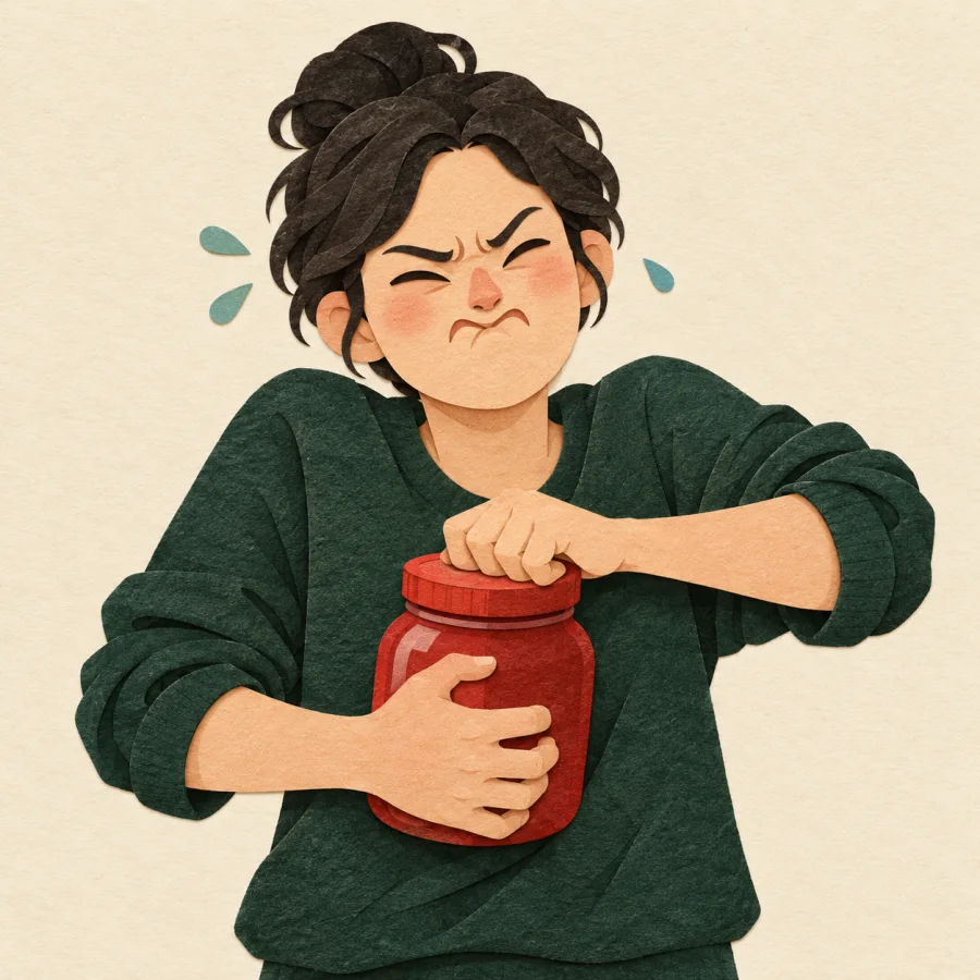 A person strains to twist open a tight jar lid