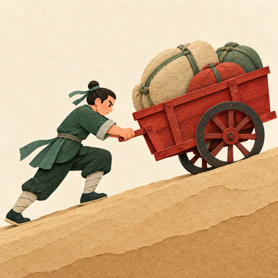 A person leans forward pushing a cart up a hill
