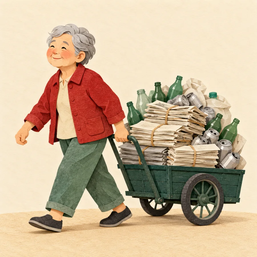 An elderly person pulls a cart of old papers and bottles