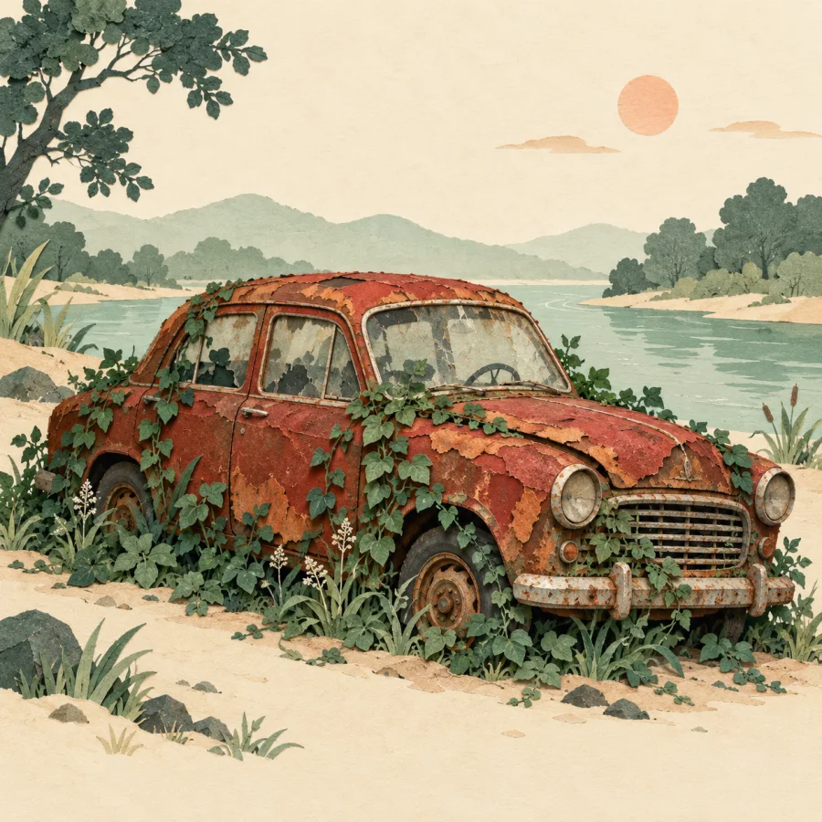 An old rusty car overgrown with weeds by a river