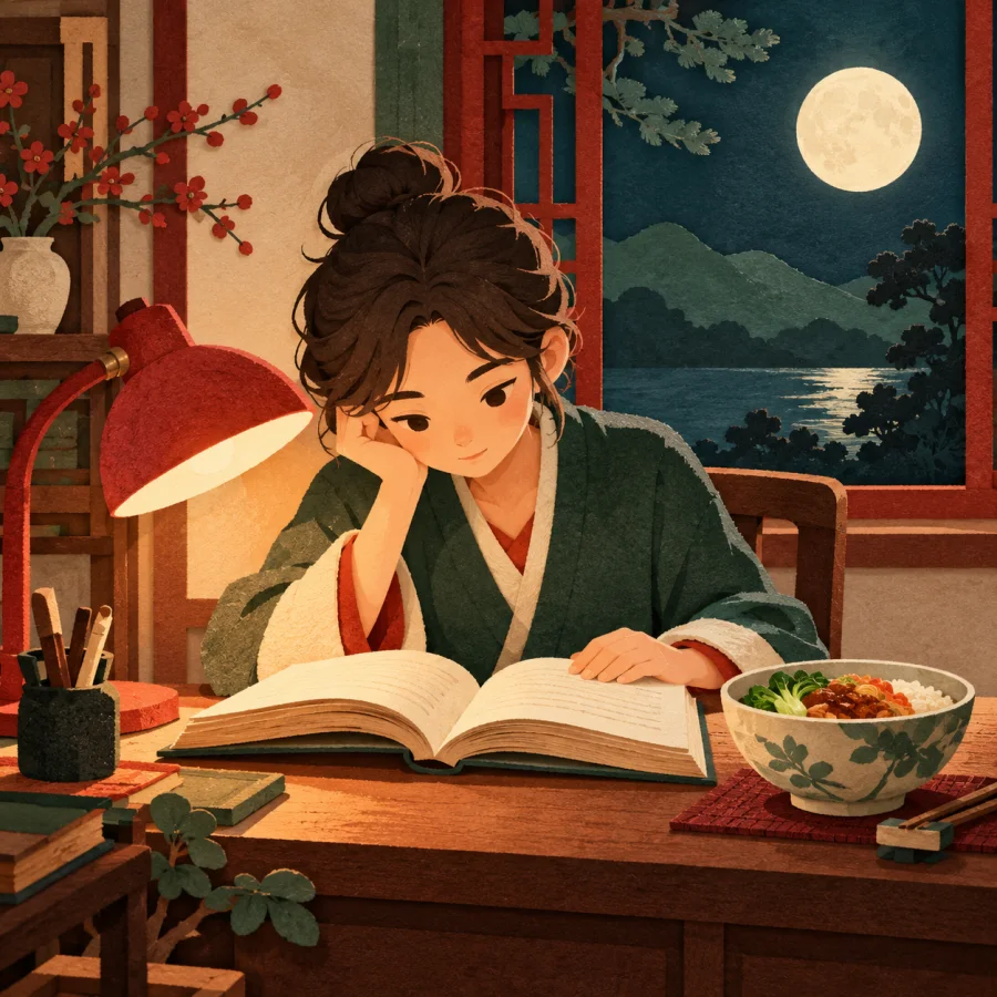 A person absorbed in a book beside an untouched bowl