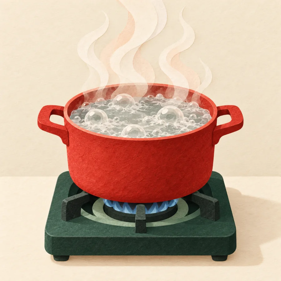 A red pot of boiling water steaming on a stove