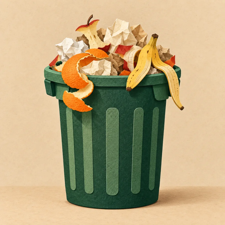 A green bin overflowing with crumpled paper and peels