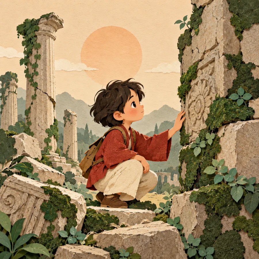 A child explores crumbling stone walls covered in moss