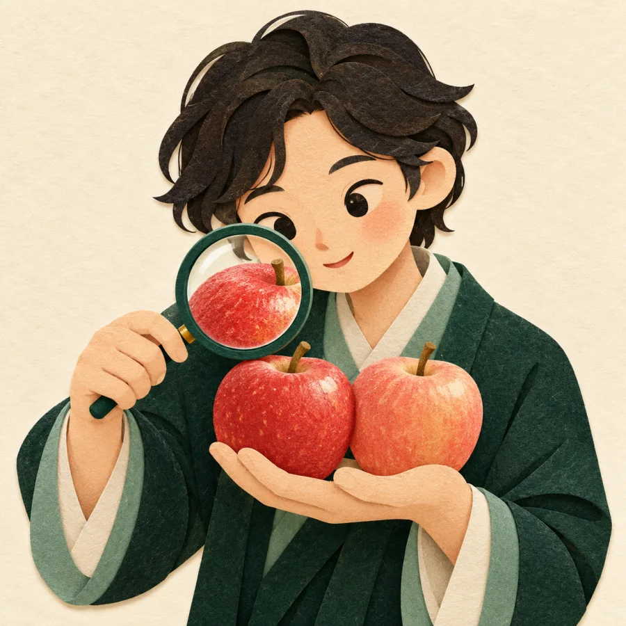 A person with a magnifier compares two nearly identical apples