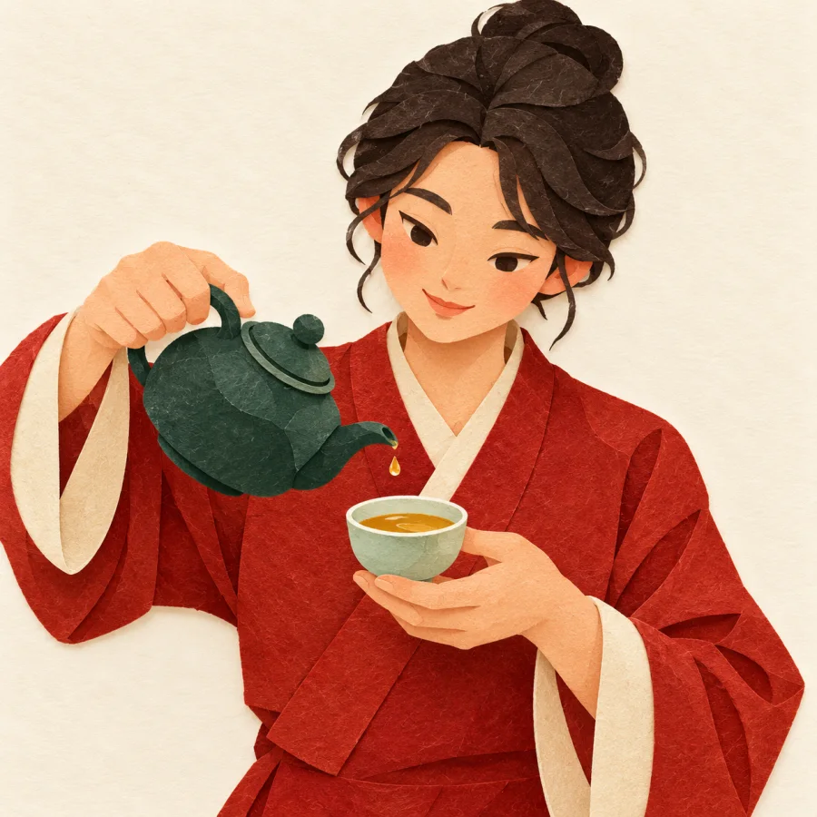A person pours tea into a cup to exactly the right level