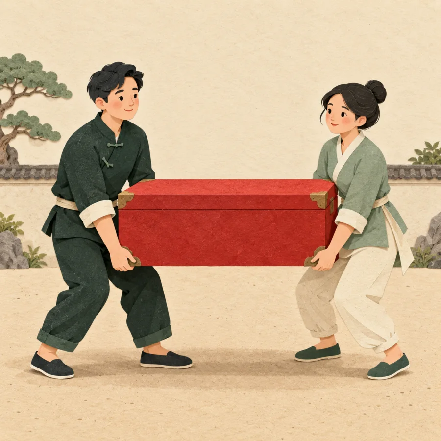 Two people carry a heavy red box together