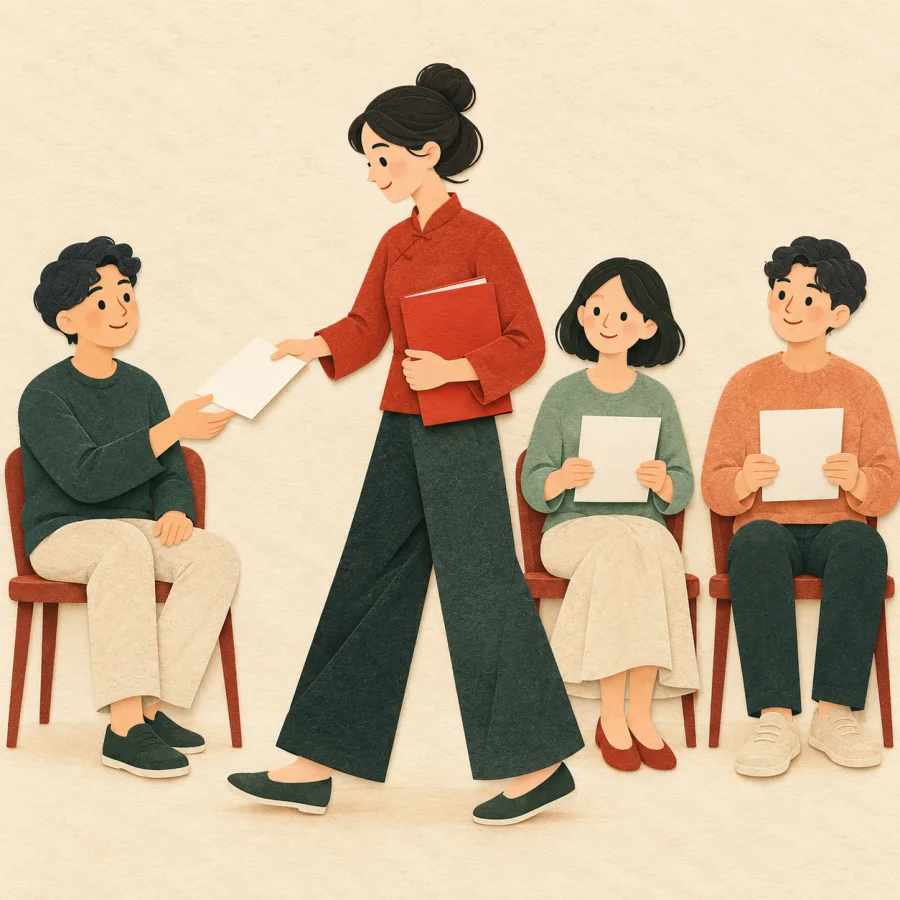 A person hands out sheets of paper to a row of seated people