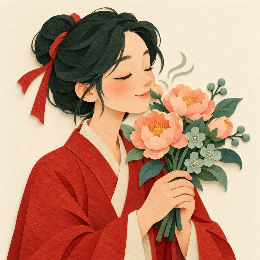 A person with closed eyes smells a bouquet of flowers