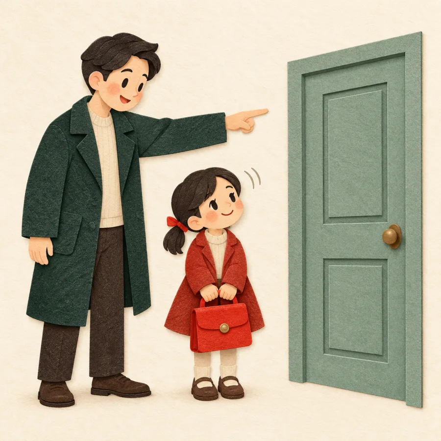 A person points at a door while a child with a bag nods