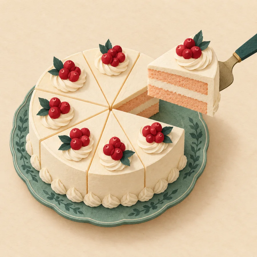 A round cake divided into equal slices, one lifted out