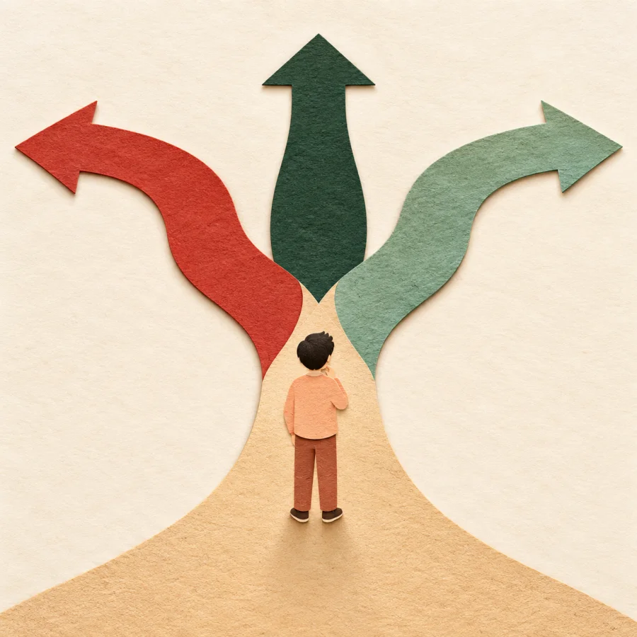 One road splits into three paths with a person at the fork