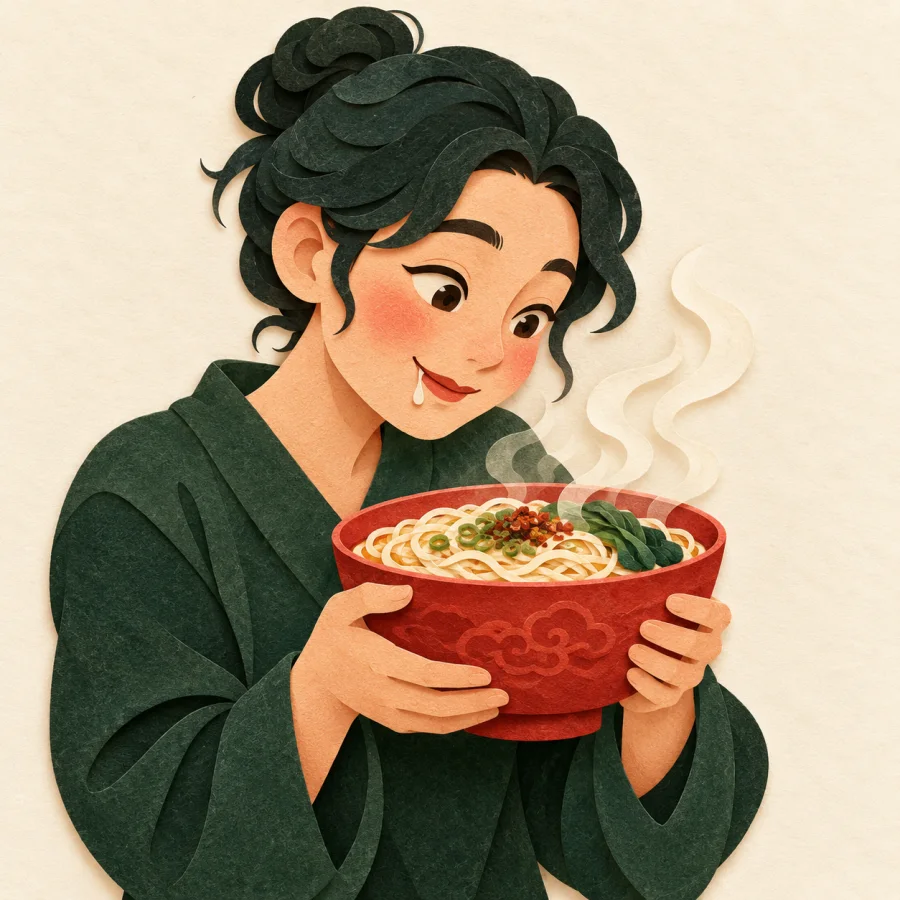 A hungry person looks at a noodle bowl, a drop at the mouth