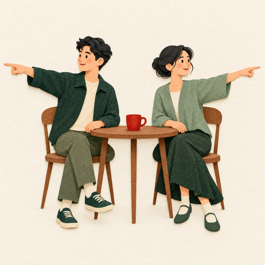 Two people at a table point in opposite directions