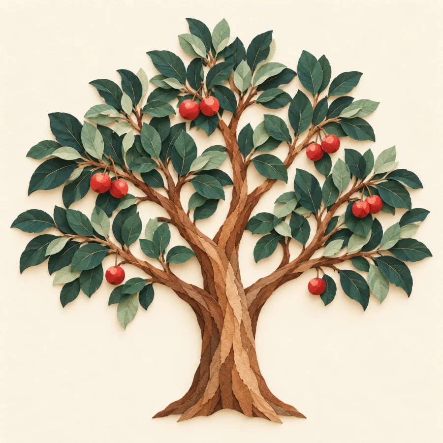 A tree with a forking trunk, green leaves and red fruit