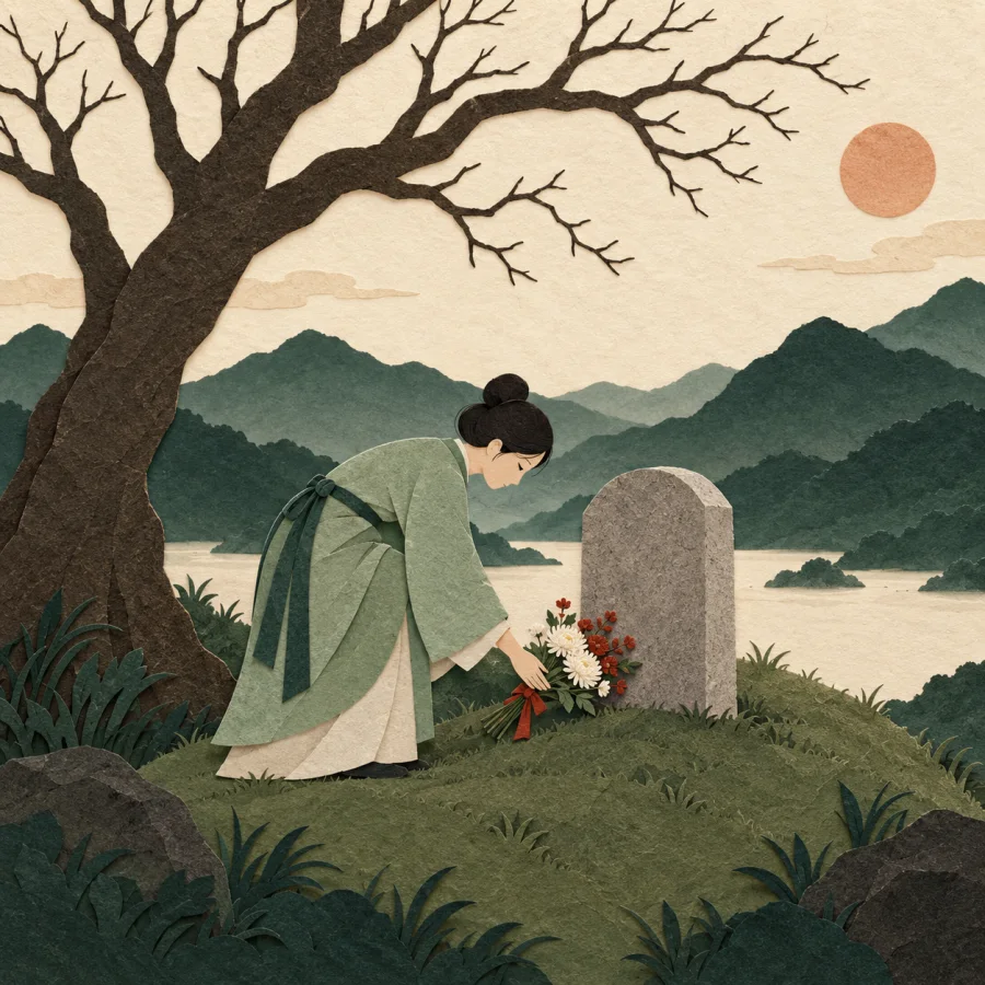 A person lays flowers at a grassy mound