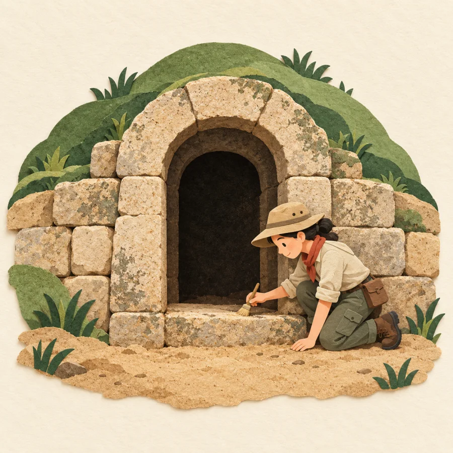 An archaeologist brushes an ancient tomb
