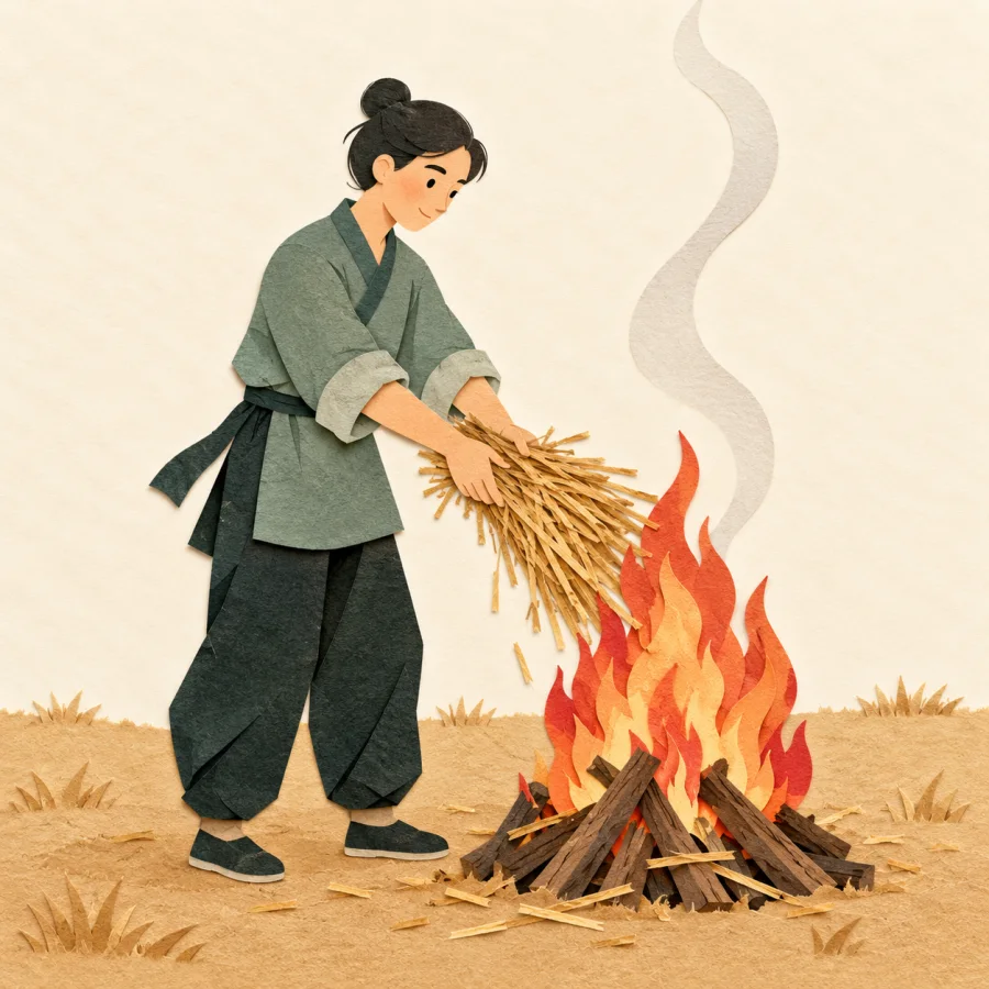 A person feeds straw into a bonfire in a field