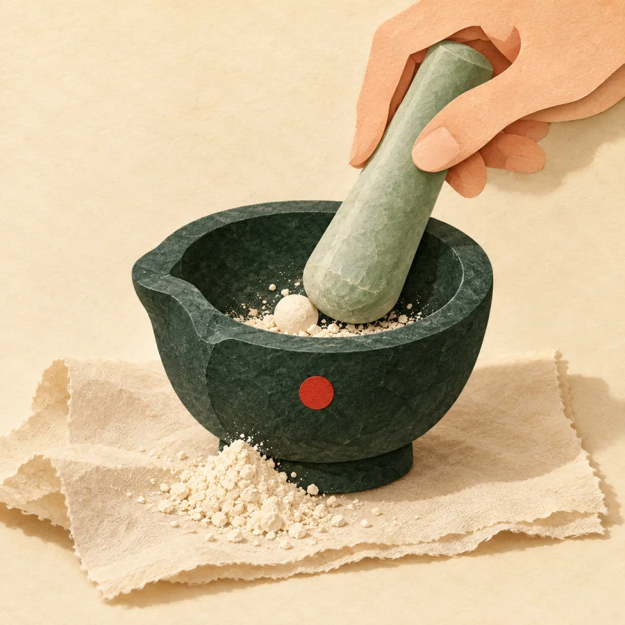 A mortar and pestle with a heap of fine powder