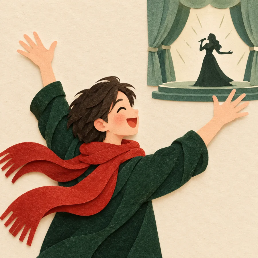 A cheerful person waves at a singer on stage