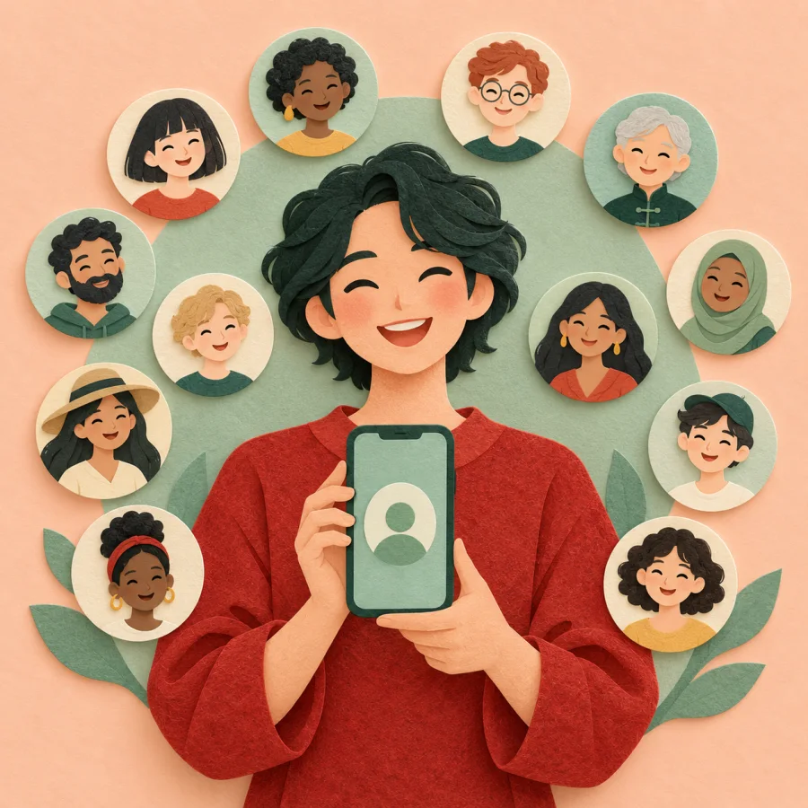 A person with a phone surrounded by round avatar bubbles