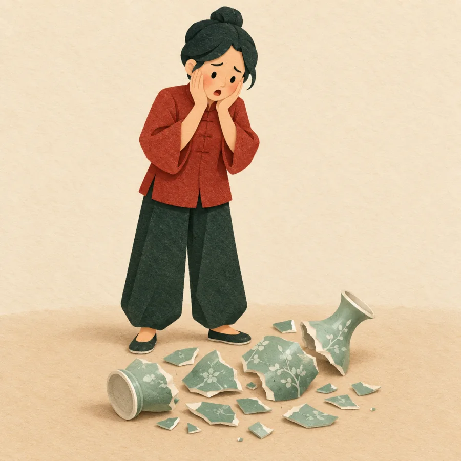 A person looks at a shattered vase on the floor