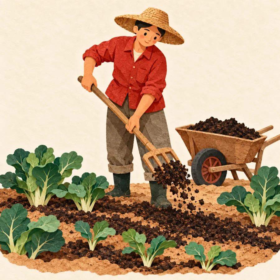 A farmer spreads compost over vegetable beds with a fork