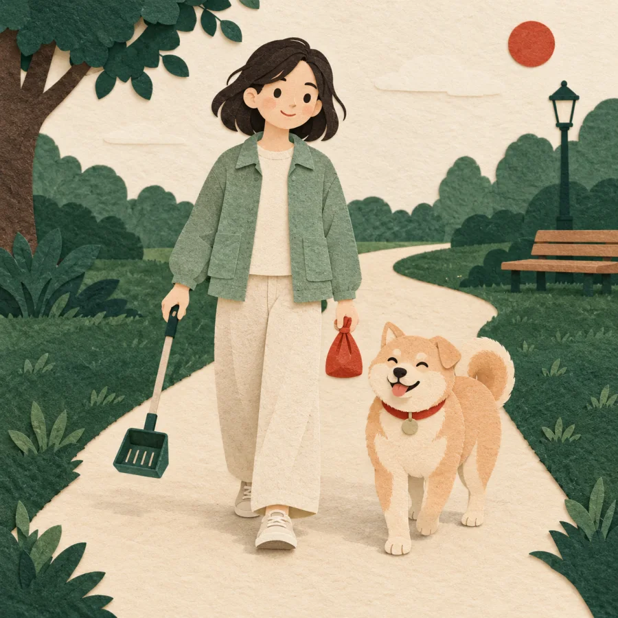 A person with a scoop and bag beside a small dog