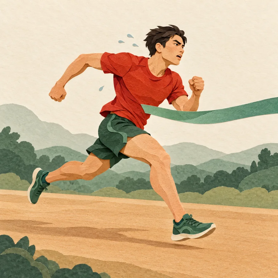 A runner sprints with all effort toward the finish ribbon