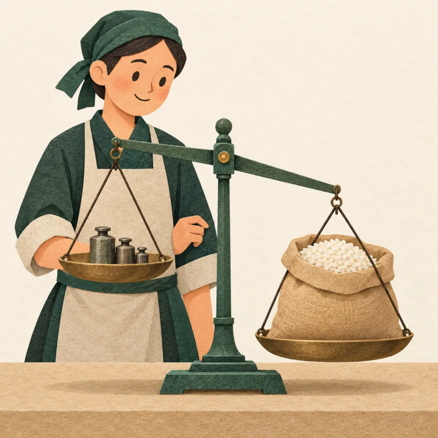 A person weighs a sack of rice on market scales