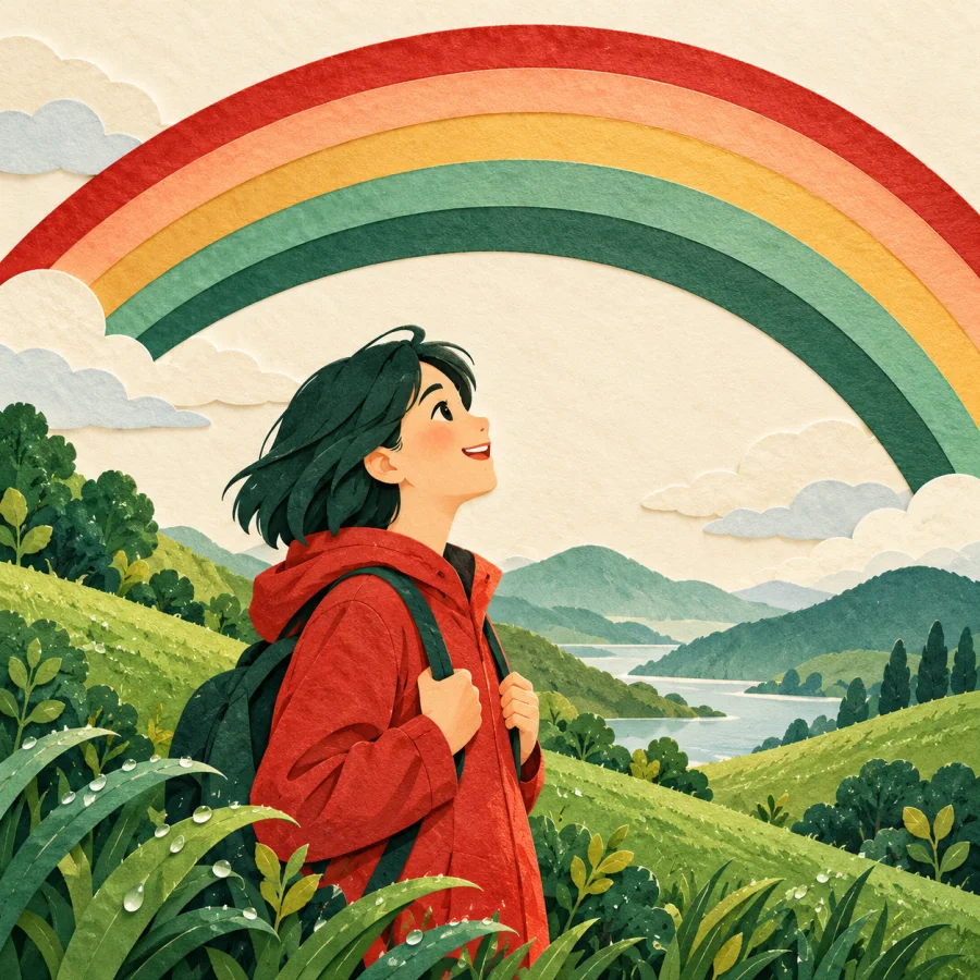 A person admires a vivid rainbow over green hills