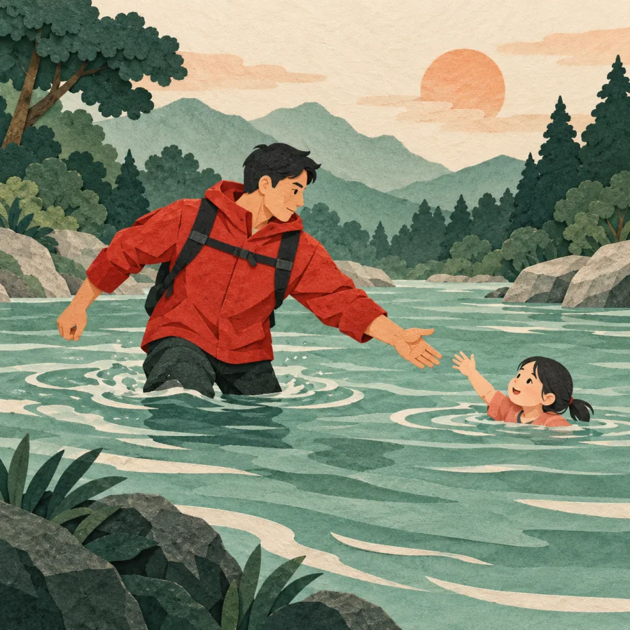 A brave person wades into a river toward a child