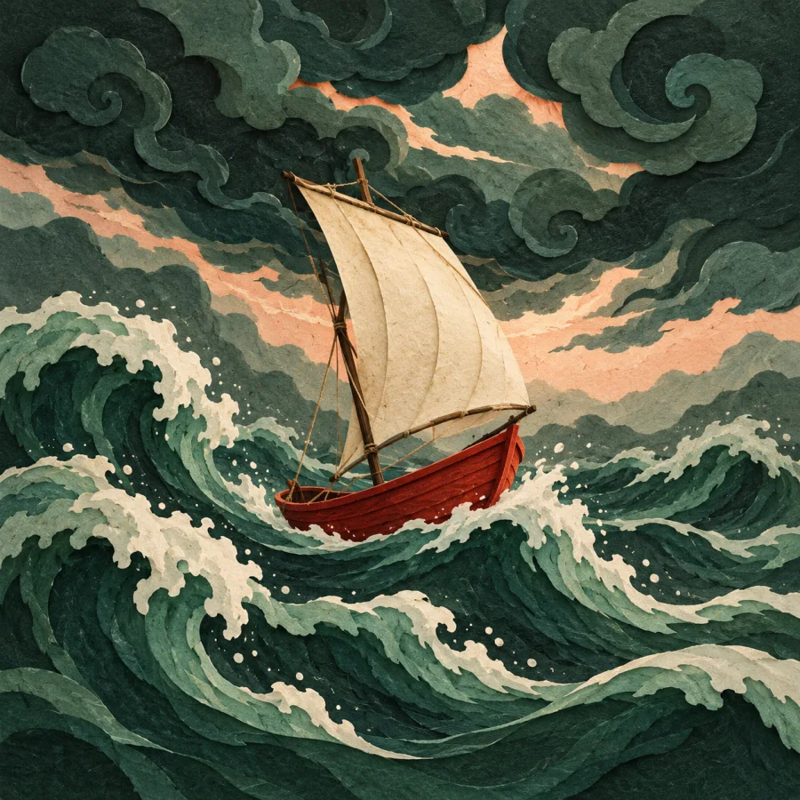 A fishing boat among tall waves under dark clouds