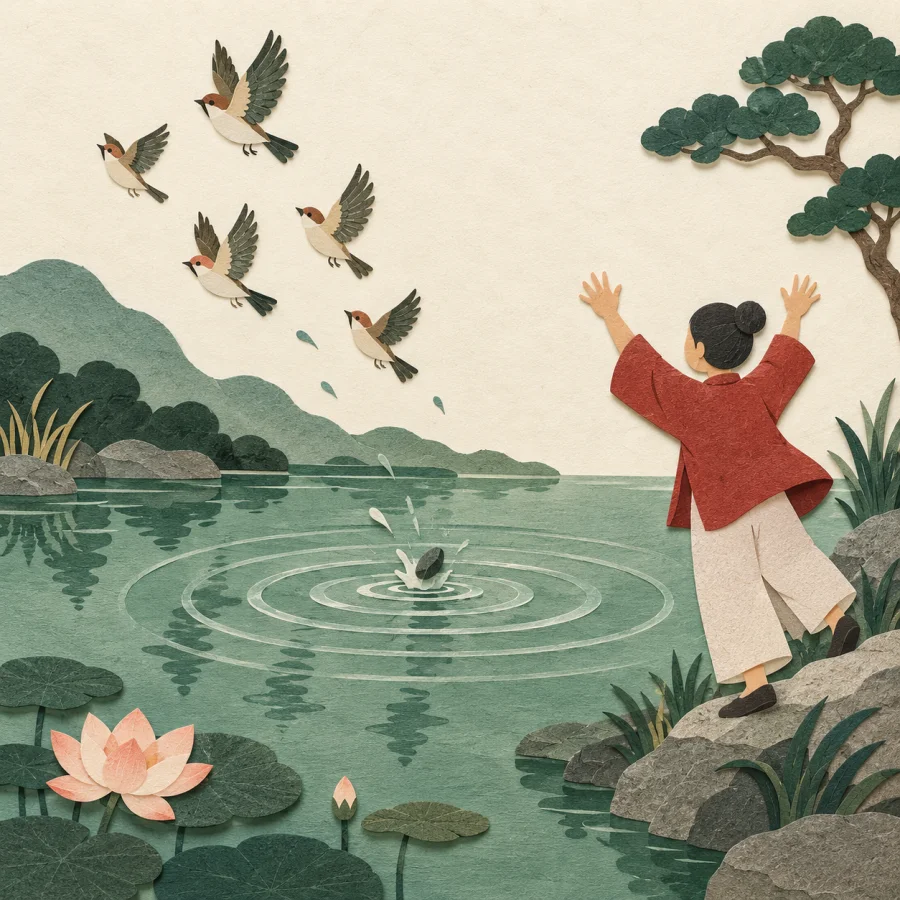 Ripples on a pond and startled birds flying up