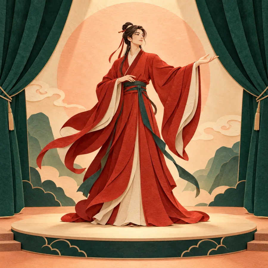 An elegant person in a red robe on a small stage