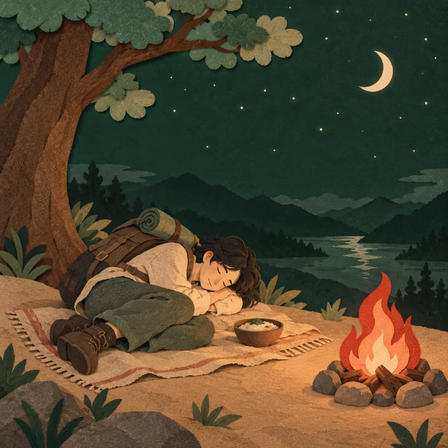 A weary traveller sleeps by a campfire under a tree