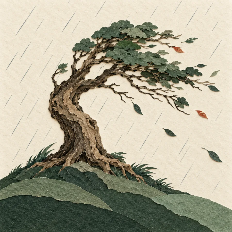 A lone old tree on a hill in wind and rain