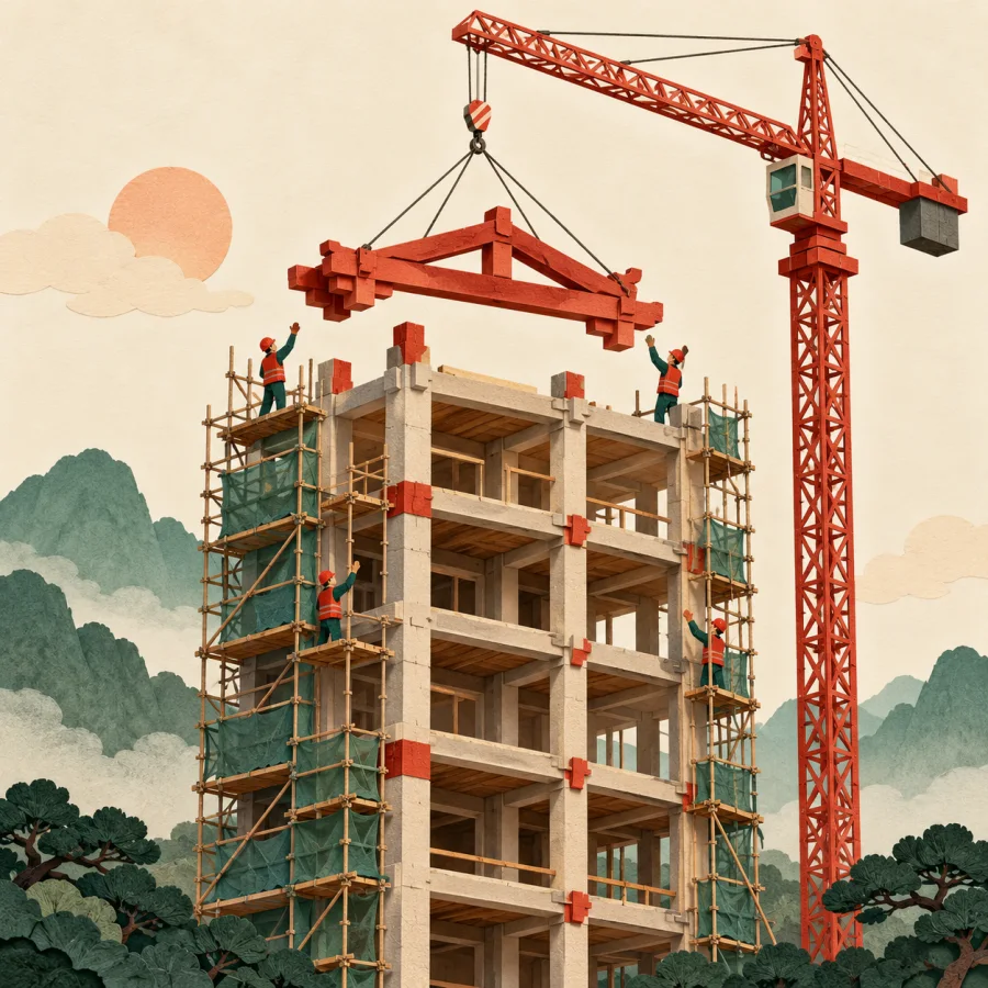 A crane lifts the last beam onto a building's roof